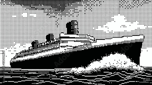 Retro pixel art illustration of a large ocean liner cruise ship sailing on the sea with waves, black and white vintage video game style.