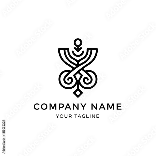 Abstract symmetrical black and white logo design with intricate scrollwork and plant-like elements, featuring a generic company name and tagline placeholder.