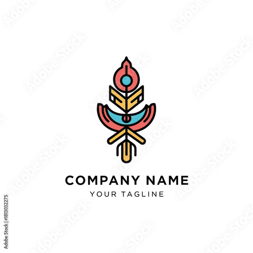 Abstract symmetrical logo with colorful geometric and tribal-inspired elements for company branding.