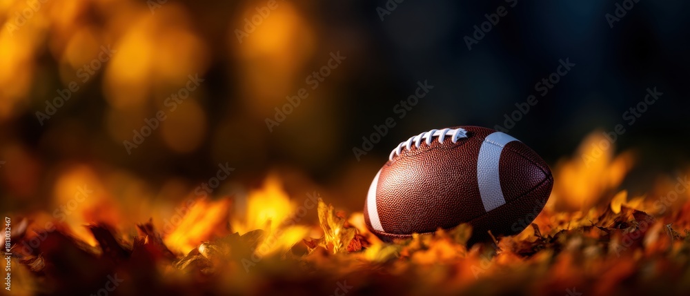 Naklejka premium American Football Ball Resting on Vibrant Autumn Leaves with Bokeh Background