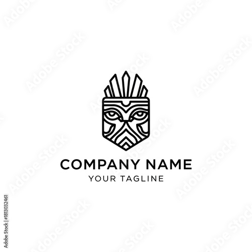 Abstract tribal mask logo design in black and white line art, featuring stylized eyes, nose, and a spiky headdress, suitable for a company brand.