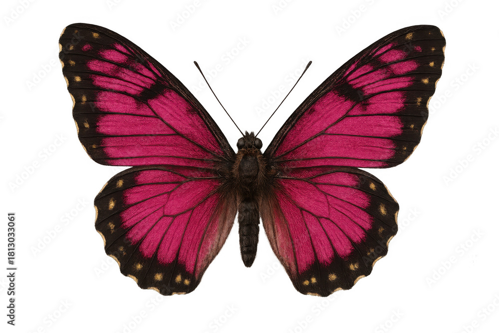 Obraz premium Pink butterfly opening elegant wings, isolated, cut out. Vibrant insect with golden spots, nature beauty