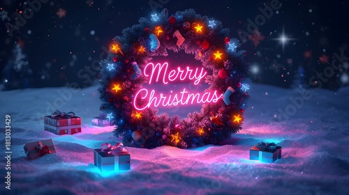 Christmas wreath with neon light on the snow