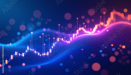 Abstract digital technology background illustrating global business investment trading trends with bright pink and blue light