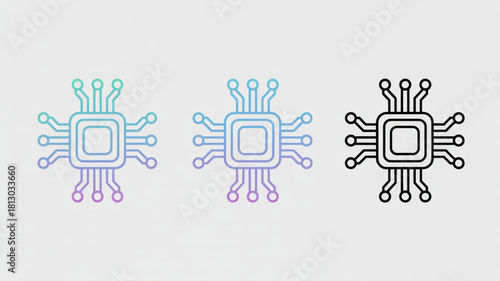 Three stylized computer microchip icons with circuit board connections