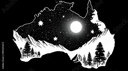 Australia continent silhouette with starry night sky, full moon, majestic mountains, forest, and camping tent illustration
