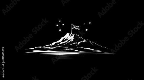 Majestic Mountain Peak with Flag and Stars, Monochrome Black and White Illustration, Minimalist Vector Emblem Design