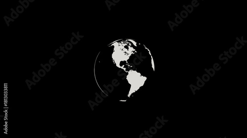 Monochrome Earth globe rotating on a black background, minimalist planet representation, global connection concept.