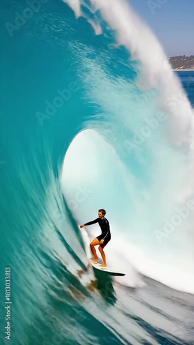 Professional Surfer Tube Riding a Huge Ocean Wave - Vertical Shot