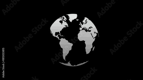 Spinning monochromatic Earth globe on black background, representing global business, digital communication, technology, and worldwide connection.