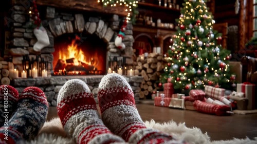 Cozy Christmas Holiday POV: Feet in Knitted Socks Warming by Stone Fireplace with Decorated Tree