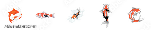 Japanese Koi Fish Symbol of Luck and Prosperity Flat Vector Illustration Set