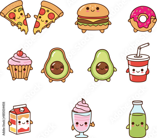 Cute Cartoon Food and Drink Vector Set