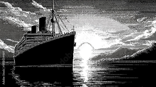 Dramatic black and white illustration of a classic passenger ship sailing at sunset, with sun rays reflecting on the ocean