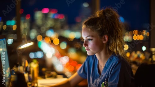 Concentrated Healthcare Worker Analyzing Patient Data on Computer Screen at Night Shift Office
