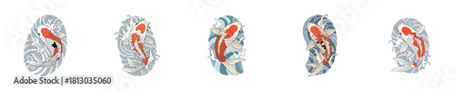 Decorative Oriental Long Koi Fish and Water Waves Vertical Vector Set