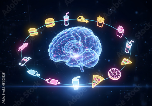 Conceptual illustration of the brain surrounded by food icons 3 d render