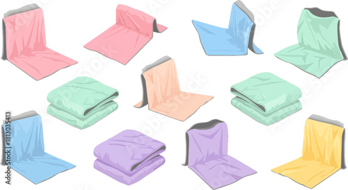 Colorful Folded and Unfolded Bed Sheets in Soft Pastel Shades