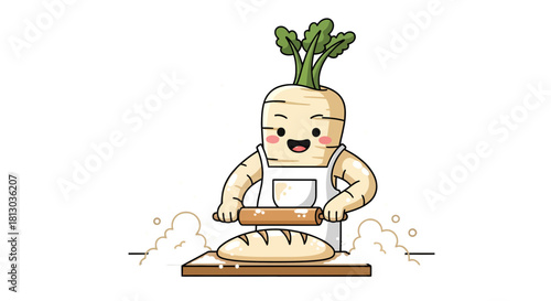 Parsnip Baker: Whimsical Culinary Illustration Of A Radish Making Fresh Bread