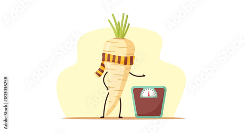 Parsnip Character Ready To Weigh Itself On A Scale For Health And Wellness Topics