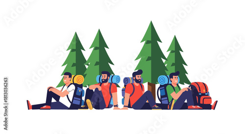 Resting Adventurers Under Lush Evergreens After Woodland Exploration Together