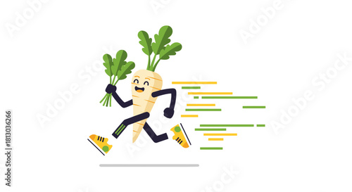 Parsnip Character Running With Fresh Greens Depicted On A Black Background Design