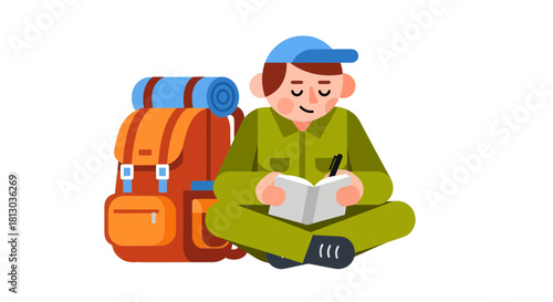 Resting Camper With Backpack Sitting And Journaling Outdoors For Leisure Activity