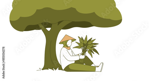 Resting Gardener Under Shade of a Tree with Lush Green Foliage Illustration