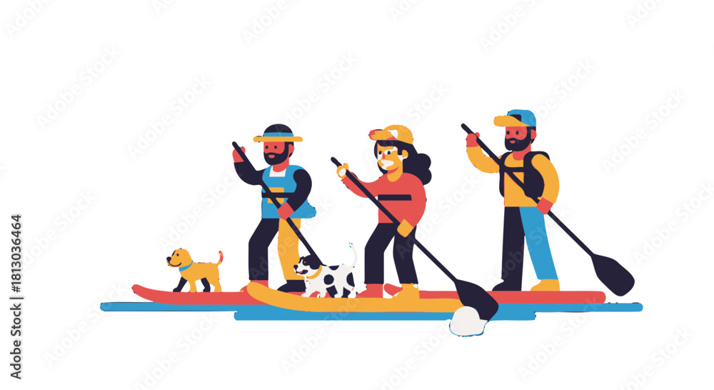 Fototapeta premium People Enjoying Paddleboarding with Pets on the Water, A Summer Outdoor Adventure Scene