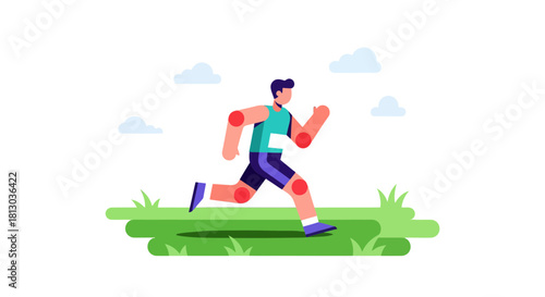 Runner Sprinting Across Green Field Under Cloudy Sky In Vibrant Flat Illustration