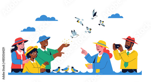 People Enjoy A Sunny Day Feeding Birds In An Environmentally Conscious Manner