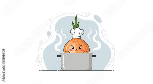 Sad Cartoon Onion Chef Cooking In A Pot With Charming Steam and Emotional Expression