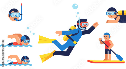 People Enjoy Watersports, Scuba Diving, Paddling, and Swimming in a Dynamic Illustration