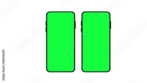 Two smartphone mockups with green screen for content replacement move forwardly on white background
