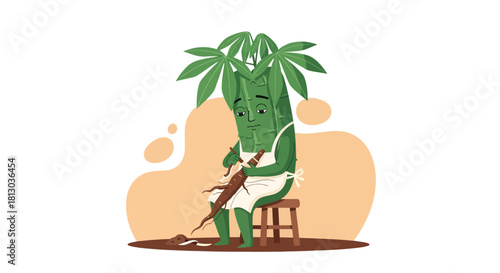 Sad Cassava Cartoon Character Peeling Vegetable Root In A Black Environment