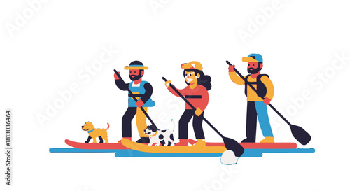 People Enjoying Paddleboarding with Pets on the Water, A Summer Outdoor Adventure Scene