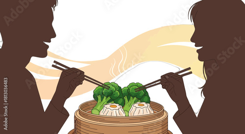 People Enjoying Asian Food, Illustrated Silhouette, With Steam, Chopsticks, And Dim Sum