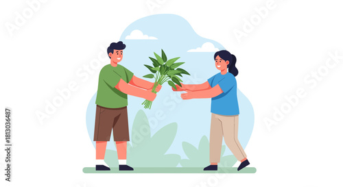 People Exchanging Fresh Greenery: A Friendly Illustration of Giving and Sharing Concepts