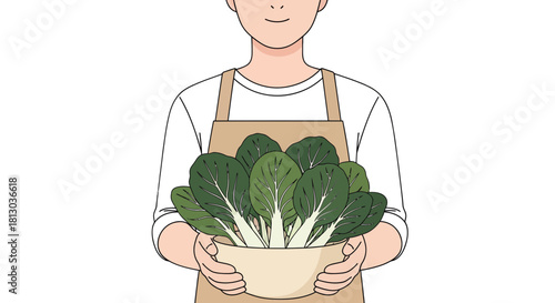 Person Holding Bowl of Fresh Green Bok Choy on a Black Background.