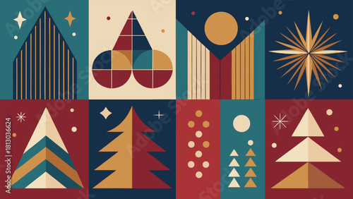 four Christmas bookmarks adorned with vibrant geometric patterns, showcasing unique designs..eps