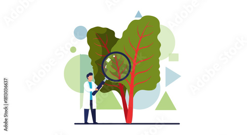 Scientist in Lab Coat Investigates Plant Leaf with Magnifying Glass for Research