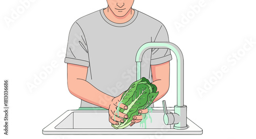Person Washing Fresh Lettuce Under Running Water In A Kitchen Sink