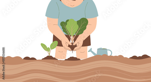 Person Tending Garden with Young Plants and Watering Can Creating New Life