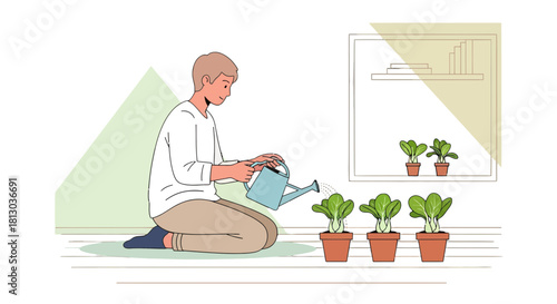 Person Waters Seedlings Indoor Creating Serene Ambiance For Beautiful Greenery Growth