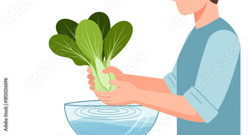 Person Washing Fresh Bok Choy in Water Bowl for Healthy Cooking Preparation