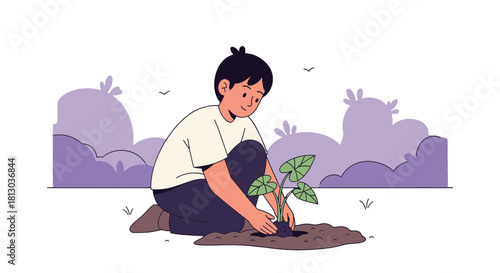 Planting A Sapling: Illustration Of A Young Person Gardening And Nurturing Nature