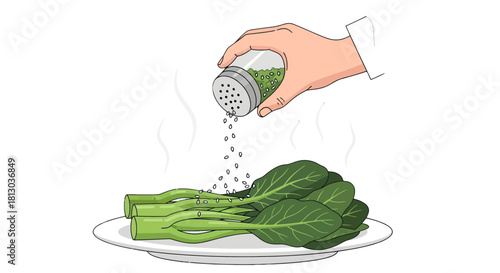 Seasoning Steaming Greens, Culinary Illustration Of Food Preparation, Health And Nutrition