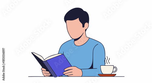 a man in blue shirt reading a book with a cup of coffee beside him minimalist vector