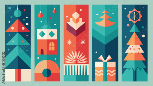 vertical banners displaying festive Christmas trees alongside wrapped gifts..eps