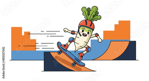 Radish Cartoon Character Rides Skateboard Through Obstacle Illustration Design